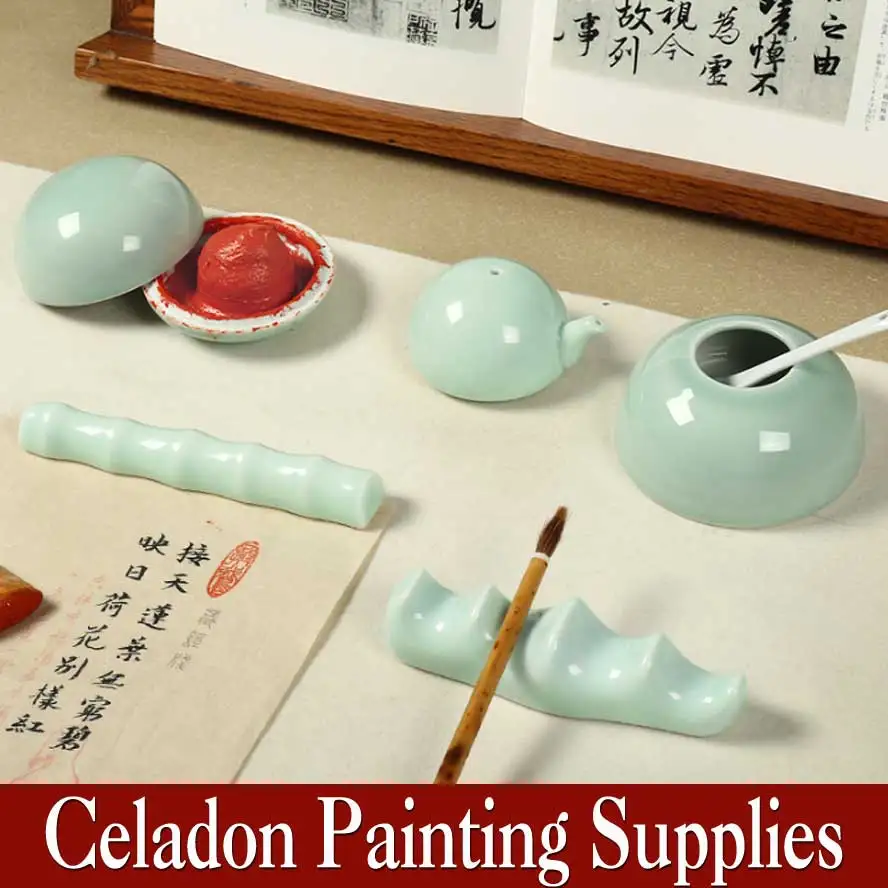 Chinese Celadon Painting pen Holder Ceramic Water Ink Plate Inkpad Plate for Painting Calligraphy Art Supplies Set Best Gift