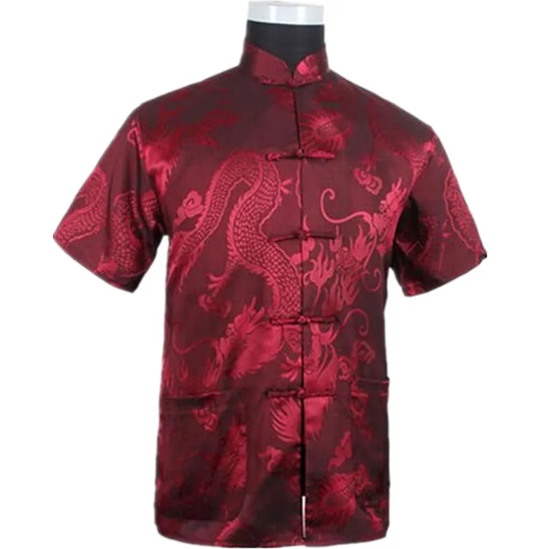 Burgundy Chinese Men Summer Leisure Shirt High Quality Silk Rayon Kung Fu Tai Chi Shirts Plus Size M L XL XXL XXXL  M061308