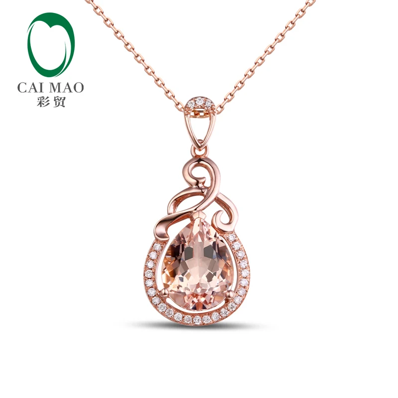 Caimao 1.72ct VS Pear Cut Morganite & 0.10ct Natural Diamond 14k Rose Gold Engagement Pendant