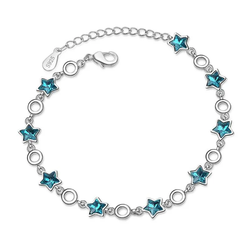 New Arrival Fashion Atmosphere Flash 925 Sterling Silver Jewelry Blue Five-pointed Star Crystal Sweet Bracelets SL025