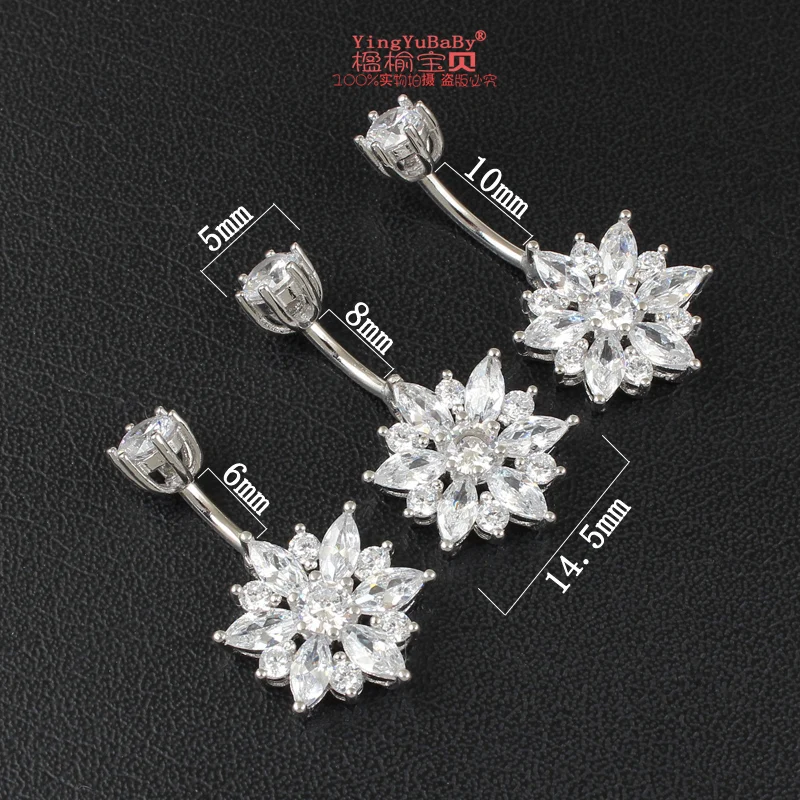 Belly button ring real 925 sterling silver women flower zircon clear stones body jewelry pure silver body piercing free shipping