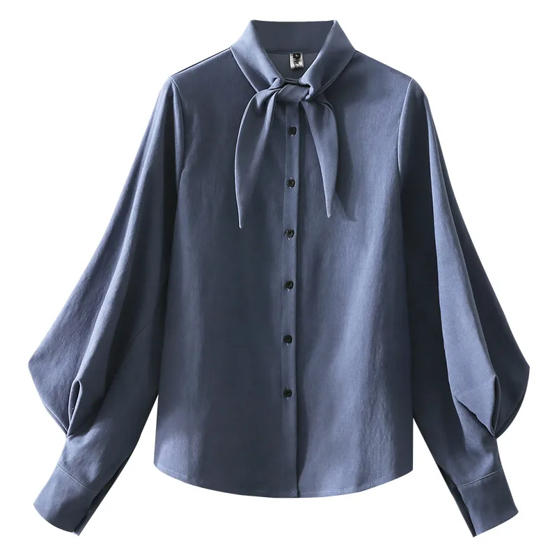 Elegant Lantern Sleeve Shirts Blue Black Bow Collar Solid Color Clothes Spring Long Sleeve Streetwear Women Tops And Blouses