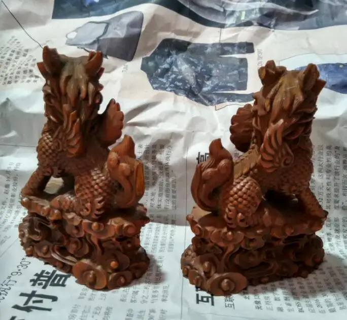 الصينية خشب البقس نحت فنغشوي الأسد فو فو الكلب الحرس الوحش تمثال زوج #3