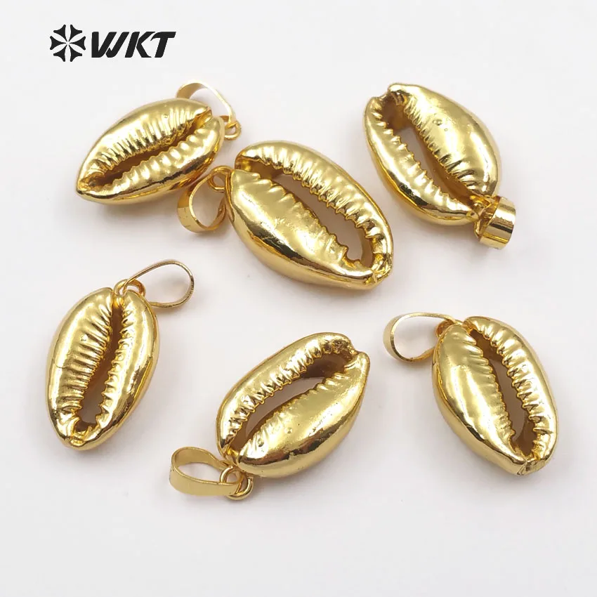 

WT-P370 Natural Real full gold color sea shell cowrie pendants sliver electroplated charm for women jewelry make