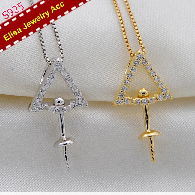 S925 Sterling Silver Triangle Pearl Pendant Jewelry Findings Women DIY Pearl Pendant Components Silver&Gold Colors 3Pcs/Lot