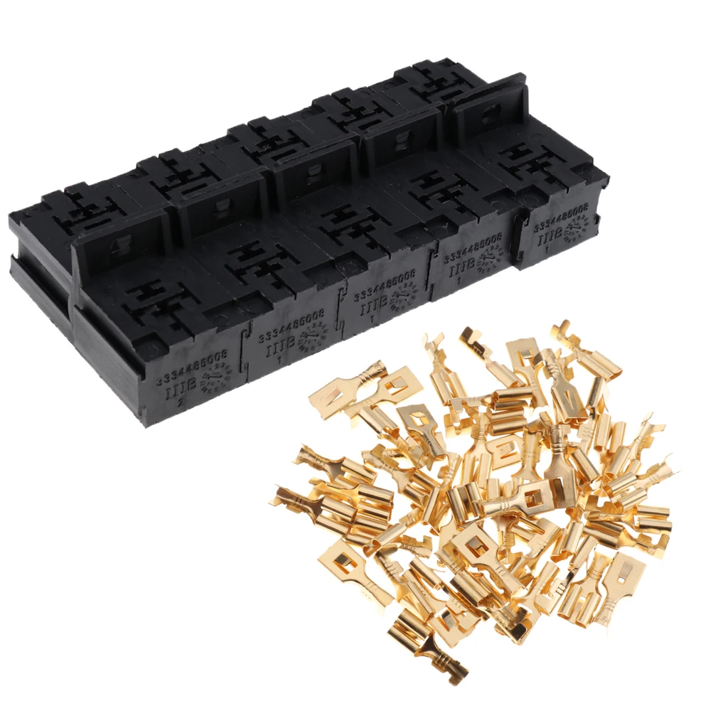 10 Pieces Automotive 30A-80A 5 Pin Relay Sockets Connector Holder With 50 Pieces 6.3mm Terminals