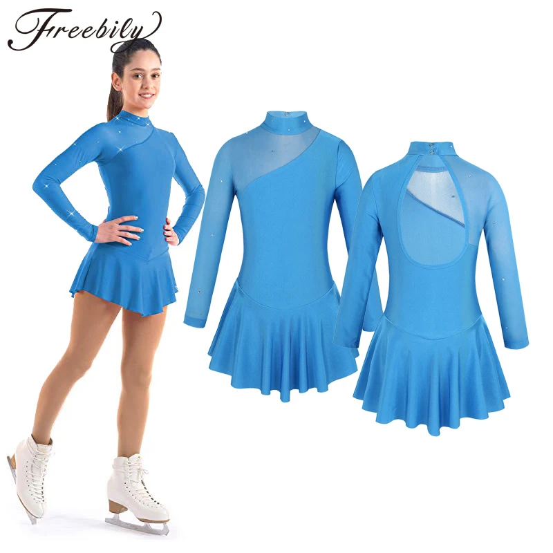 Teen Girls ballroom dance competition dresses Tulle Splice Cutouts Back Skating Modern Dance Dress for Kids stage dance costumes