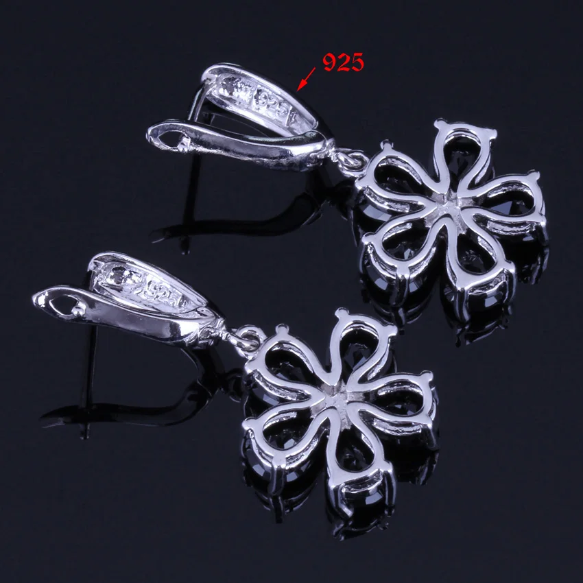 Splendid Flower Black Cubic Zirconia Silver Plated Jewelry Sets Earrings Pendant Chain Ring V0255