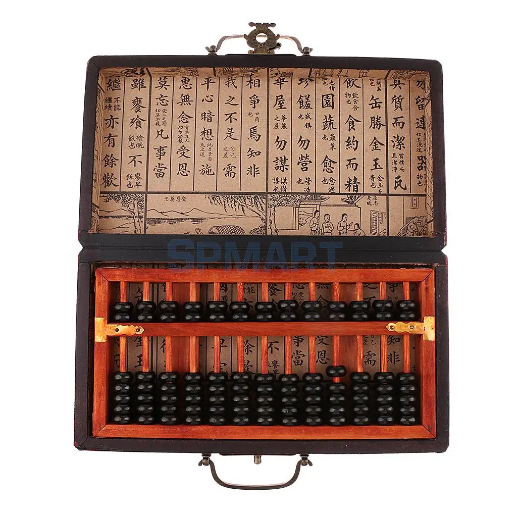 13 Rows Vintage Chinese Wooden Bead Arithmetic Abacus with Box Classic Ancient Calculator Counting Collection Gift Kids Toy