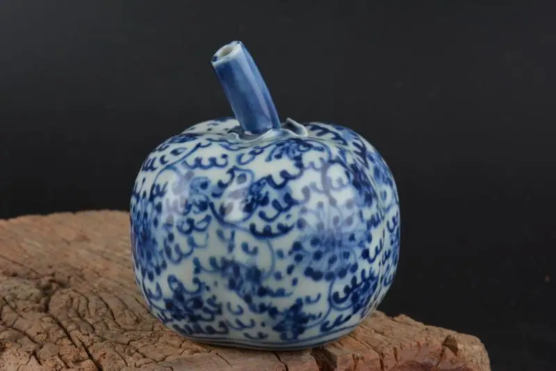 Estatua de porcelana antigua de la dinastía Qing china, manzana, blanca y azul, flor, mejor colección y adorno, envío gratis