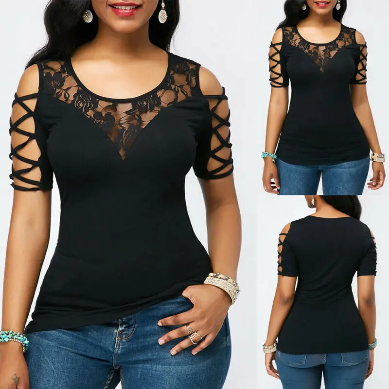 Personality Fashion Women Cold Shoulder Round Neck T Shirts Summer Short Sleeve Floral Lace Slim Tee Tops