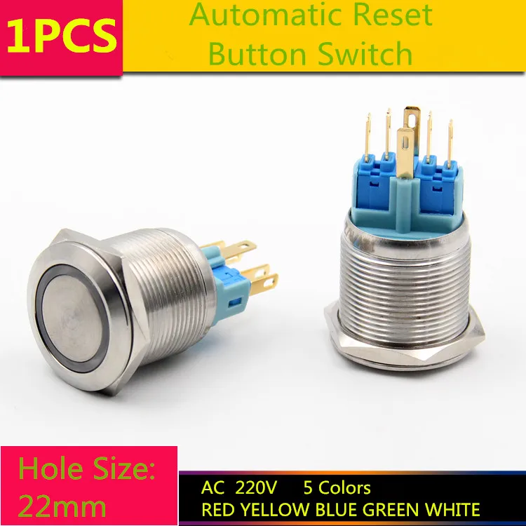 1PCS/LOT  YT1078B   Hole Size 22 mm  Automatic Reset Switch Metal push button switch    With LED Light  AC 220V  Sell at a Loss