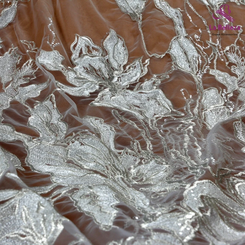 La Belleza off white silver thread mixed with sequins on mesh embroidery  large leaves wedding dress lace fabric 1 yard