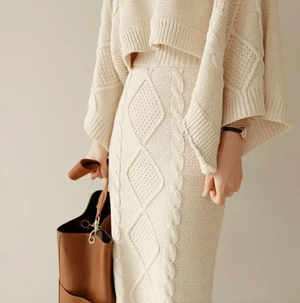 2019 Autumn Winter Twist Jacquard Sweater Knitted Skirts Suits Batwing Sleeve Loose Tops+ Bodycon Split Pencil Skirt 2 Piece set