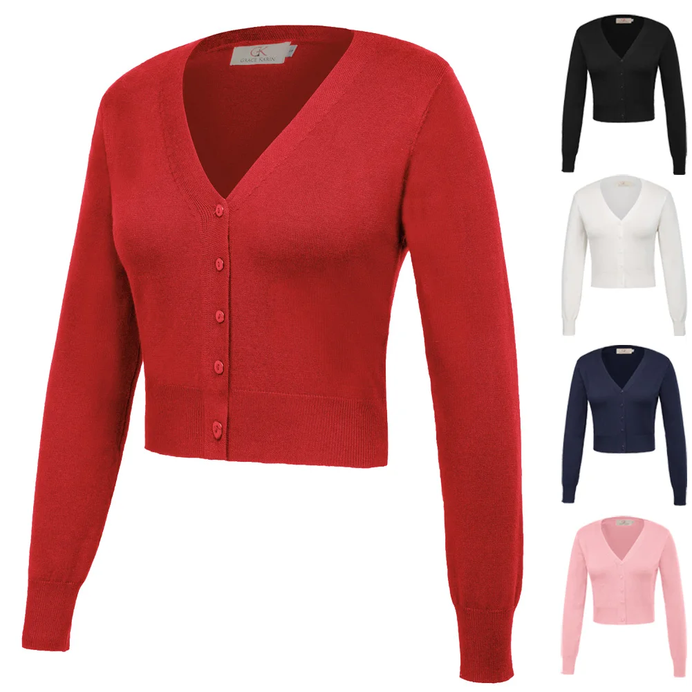 Grace karin cardigan recortado feminino com decote em v botão para baixo frente aberta com nervuras malha shrug camisola de algodão malhas tricô casaco a20