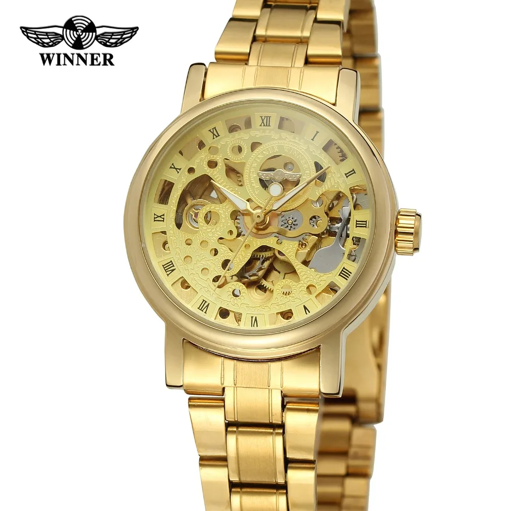 Fashion Winner Top Brand Women Stylish Automatic Self-wind Skeleton Analogue Luxruy Gold Full Stainless Steel Gift Girl Watch