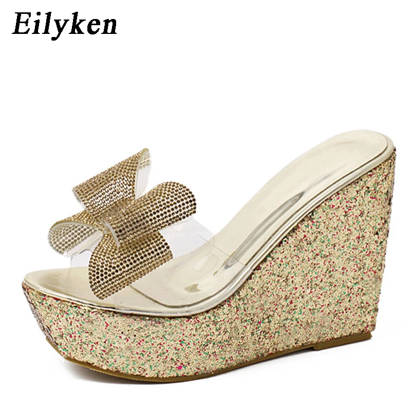 Eilyken PVC Transparent Slippers Women Summer Toe Platform Bow Crystal Slide Wedge Sandals Size 34-40