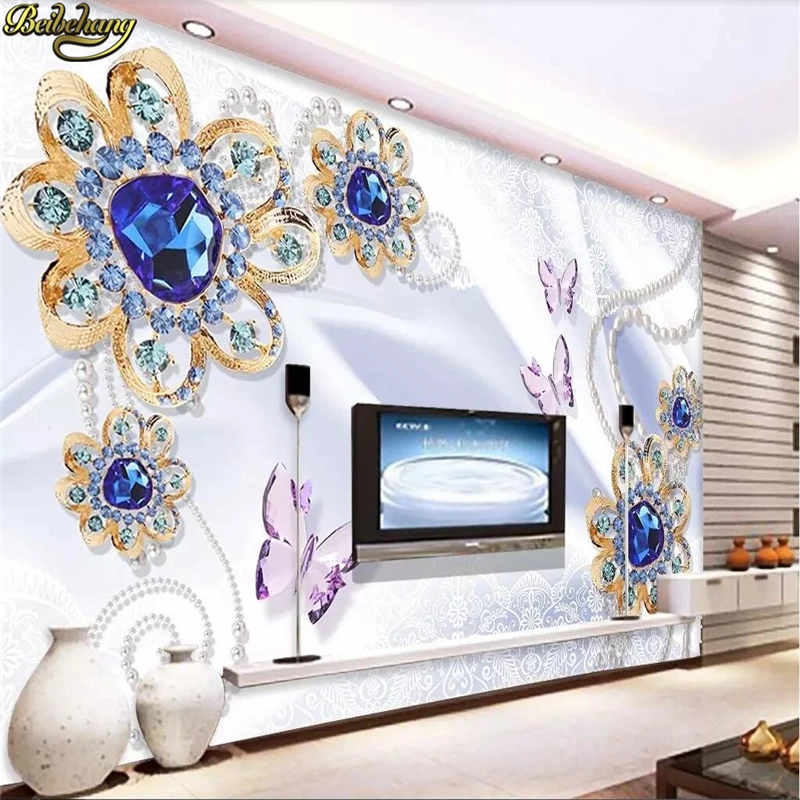 beibehang Custom photo wallpaper mural romantic beautiful pearl diamond flower butterfly love flower TV background wall