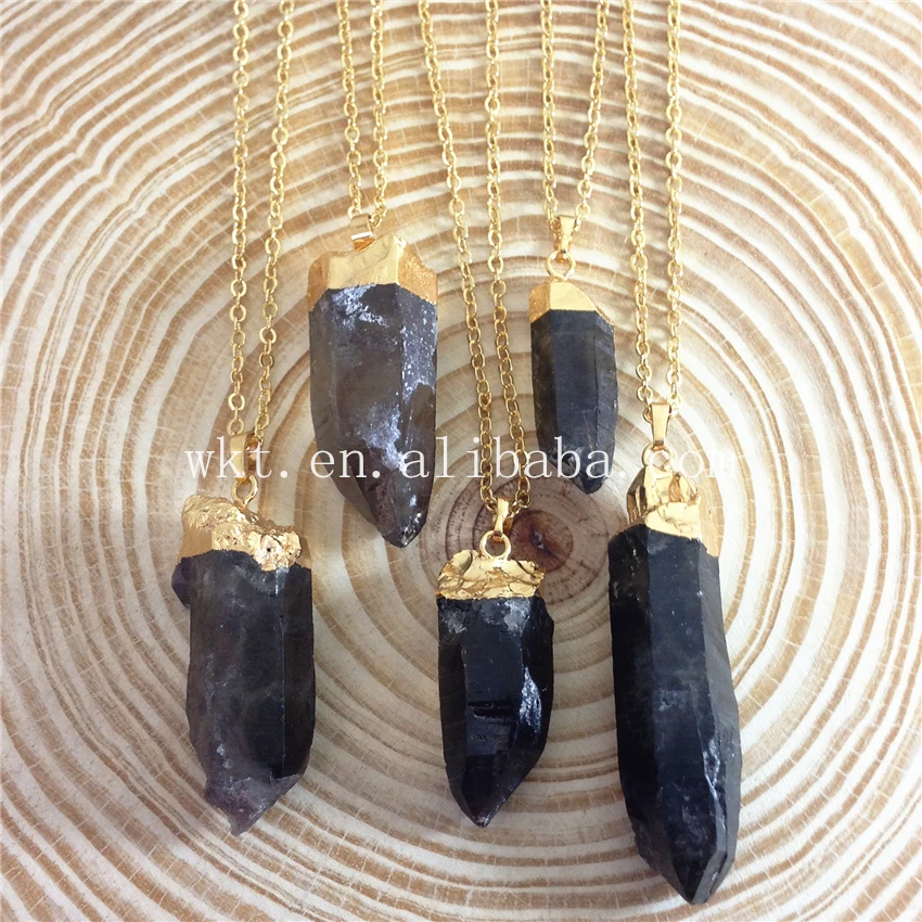 WT-N642 raw smoky stone necklace free form shape gold dipped smoky stone necklace for party  wedding necklace