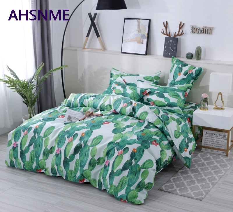 AHSNME Cool Summer Green Cactus Quilt Cover Set Desert Plant Small Flowers Polyester Bedding Set Super King Queen Size Bed Set