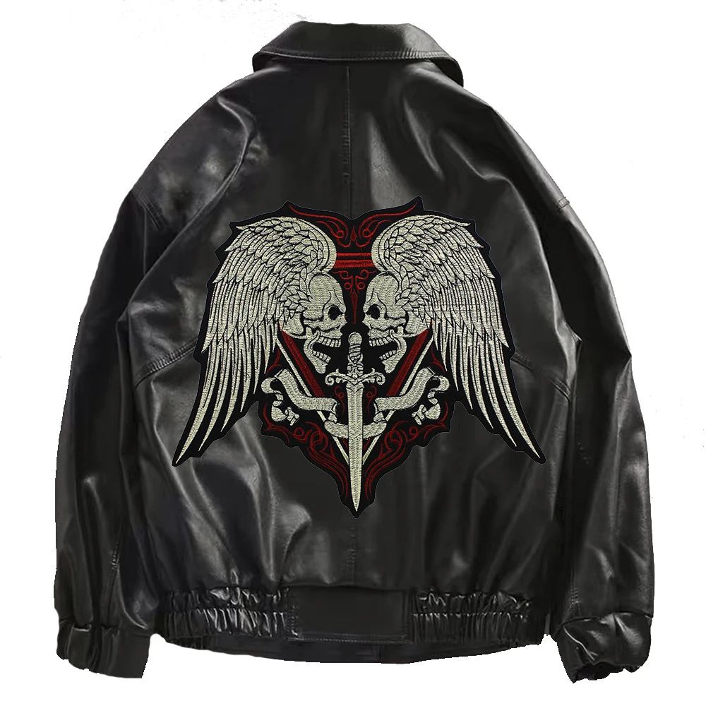 Large Embroidery Skull Sword Patches Iron on Motorcycle Biker Badge Vest Jacket Back Applique 5pieces