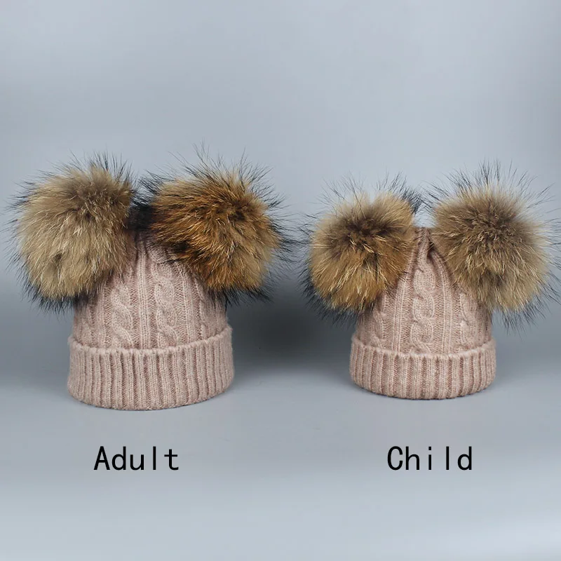 Real Fur Winter Hat Raccoon Two Pom Pom Hat For Women Brand Thick Women Hat Girls Caps Knitted Beanies Cap Wholesale 2018 New