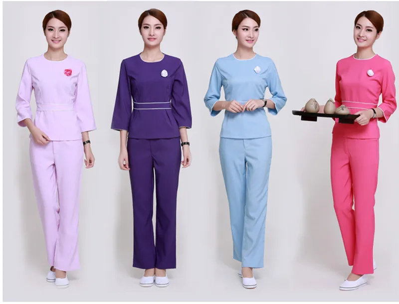 

High quanlity Free Shipping Pattern Airline Hostess Thai Spa Massage Beautician Uniform Bow Tie Tops and Long Pants Uniform Set