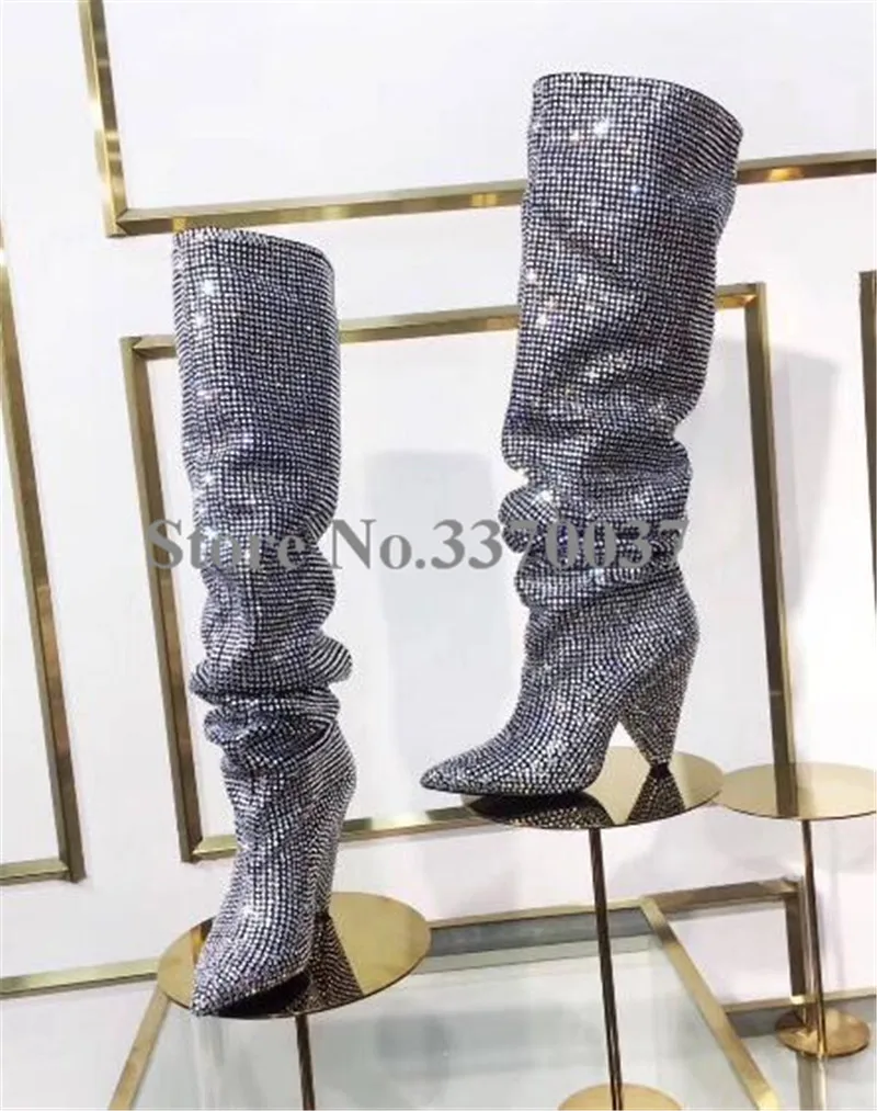 New Fashion Women Pointed Toe Silver Bling Bling Slip-on Over Knee Crystal Spike Heel Boots Pleated Rhinestone Long Boots image 4