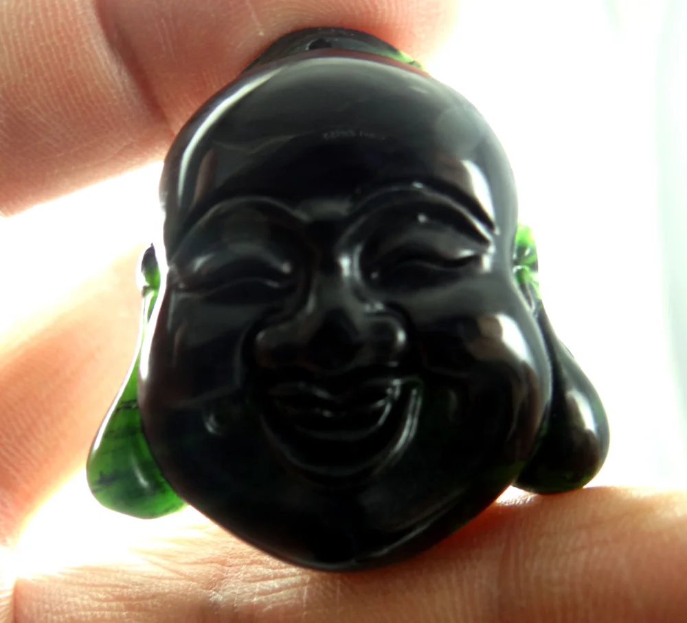 40*38Wholesale natural Chinese black green stone hand-carved statue of Buddha head amulet pendant necklace Jewelry Making