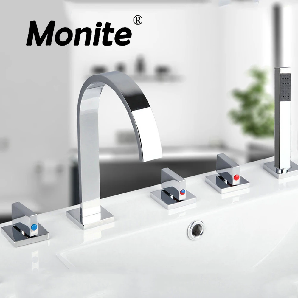 

Monite Chrome Brass Bathroom Faucets Waterfall 5 Pcs Water Mixer Taps Chrome Bathtub Faucet Set 34AA3 Solid Brass Shower Faucet