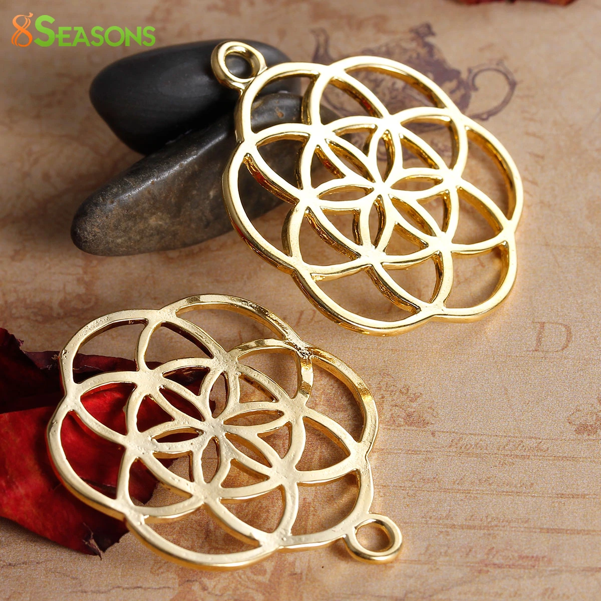 8Seasons Seed Of Life Pendants Flower Gold Color Hollow Carved Charms DIY Making Necklace Jewelry Findings Gifts 42mmx34mm,5PCs
