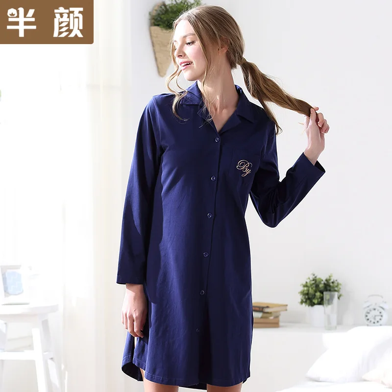 

Autumn Simple Lady Cardigan Long-sleeved Cotton Nightdress V-neck Pocket Embroidered Letters Nightgowns Women Dresses Negligee