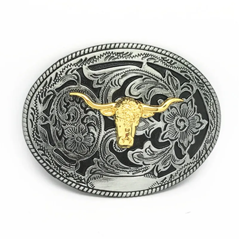 Western Cowboy Zinc Alloy Rope Buckle with Long Horn Bull Rudder Right Cut