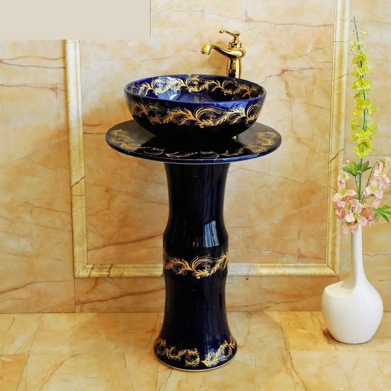 European Style Art Bathroom Pedestal Wash Basin Ceramic Pedestal Washbasin Floor Type Basin Vertical Basin blue color