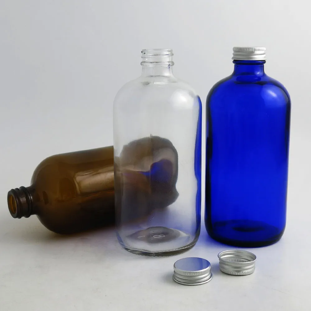 2pcs 480ml Big Refillable Amber Blue Clear Boston Round Glass Bottles with Aluminum lids 16 oz Large Glass Containers