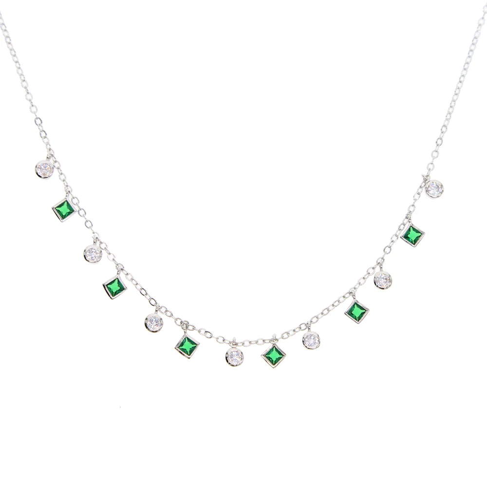 High Quality Bezel Cz Station Statement Green round square cz Charm Pendant 33+7cm Choker Necklace Thin Chain for women