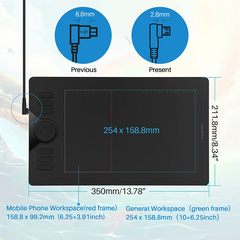 Huion HS610 Tablet graficzny 10x6.25 Cal Tablet graficzny cyfrowy akumulator-bezpłatna obsługa rysika telefon z systemem Android Windows MacOS PC,