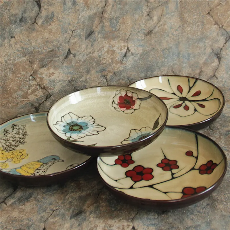 EECAMAIL Foreign Trade Export Hand-painted Flower Kiln Glazed Soup Dish Deep Dish Dumplings Salad Plate Steak Dish Household