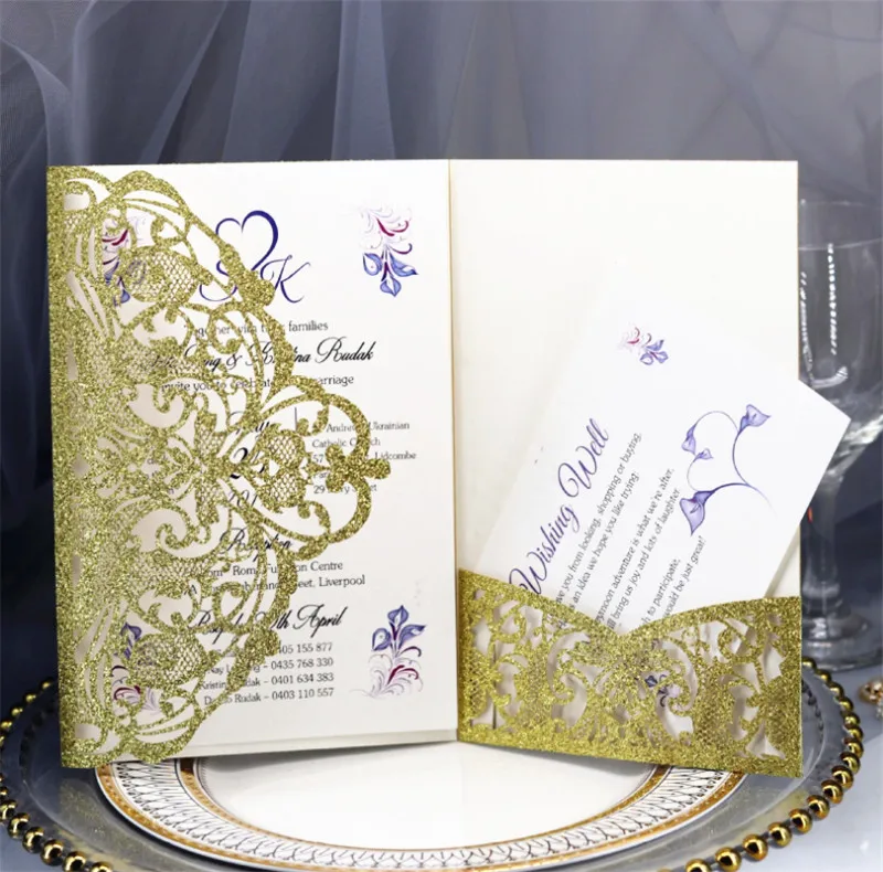 

Glitter card wedding invitation dark gold silver with RSVP envelop personalized printing 50pcs