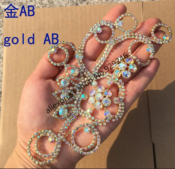 free shipping 1pc/lot delicate big flower AB crystal rhinestone gold applique for hairdress bags garment costume embellishments