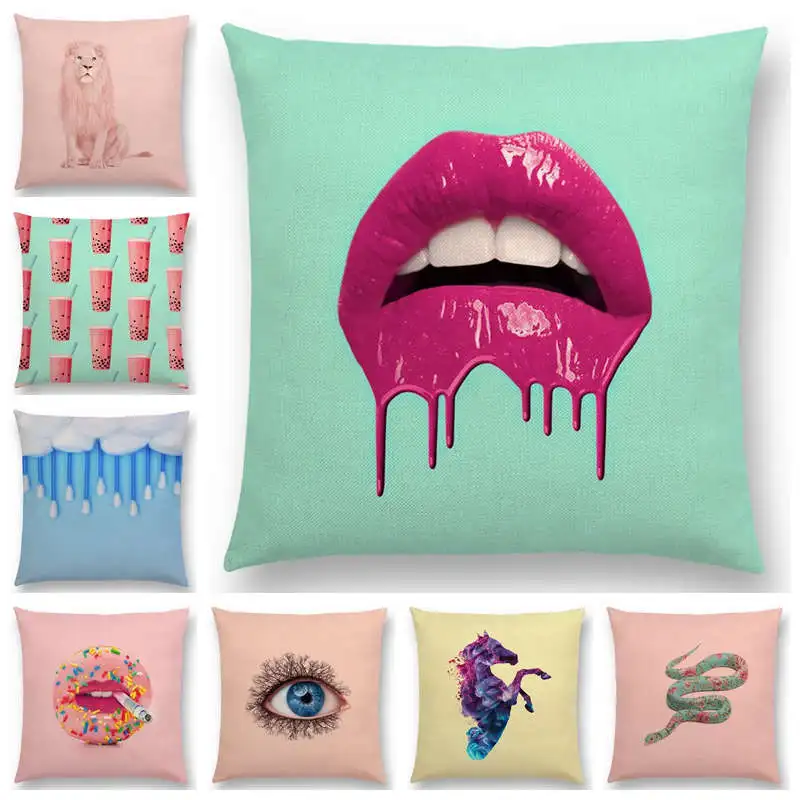 Pink Dream Decor Sofa Pillow Case Colorful Fantasy Sexy Color Party Pigment World Lips Lollipop Cube Cat Snake Cushion Cover