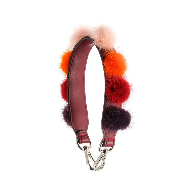 New Real fur design Winter Pom Pom Charm Bag Strap Women Bag Accessories Arrival Strap You Split Leather Handbag Straps Short