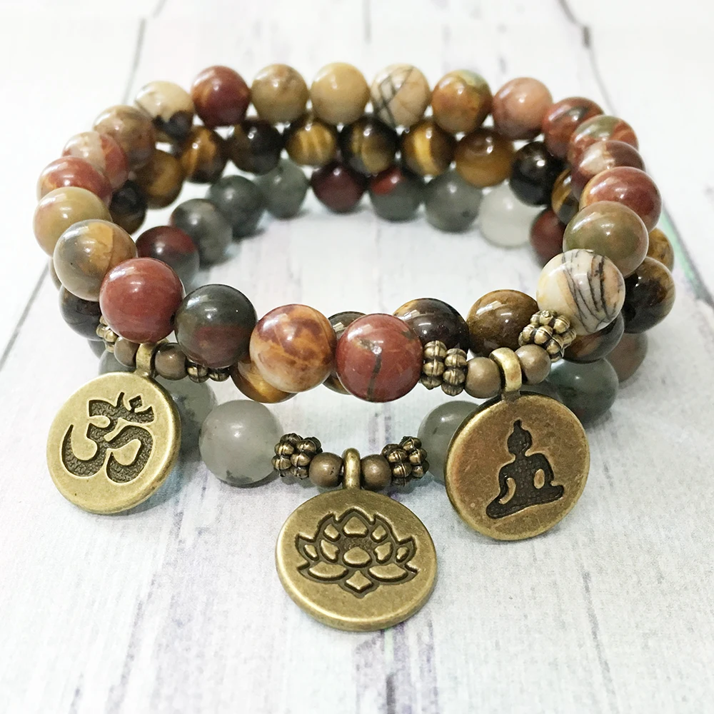 MG0511 Natural Stone Yoga Bracelet Set Handmade Bloodstone Lotus Charm Bracelet Tiger Eye Picasso Jasper Bracelet for Women