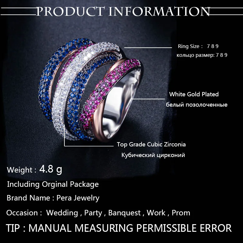 Pera Luxury Royal Engagement Prom Party Big Statement Rose Red Blue Cubic Zirconia Round Finger Rings for Women Jewelry R085