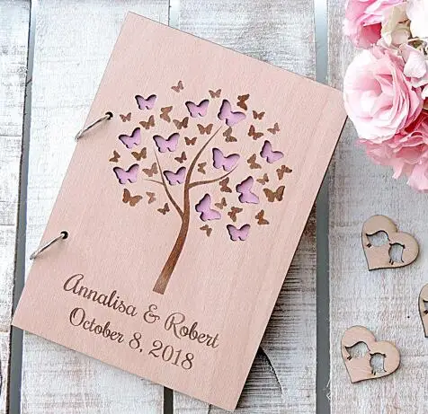 

personalized Butterfly Tree 50pages Rustic wedding guest album engraved Wooden guestbooks Reception party favors decorations