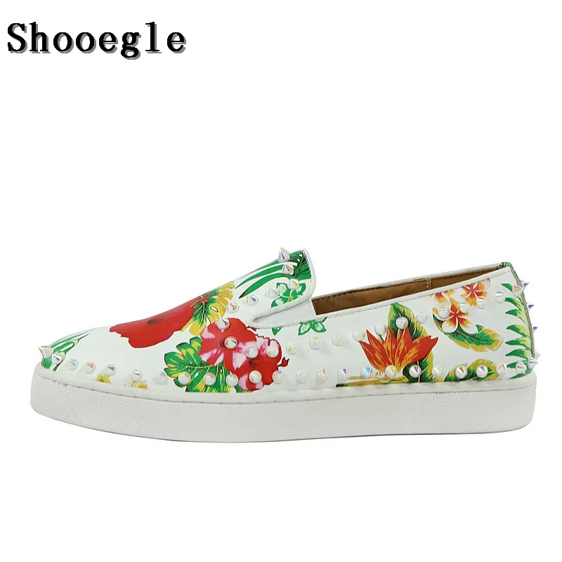 

SHOOEGLE White Leather Printing Men Flat Casual Shoes Espadrilles Platform Men's Rivets Shoes High Quality Zapatillas Hombre