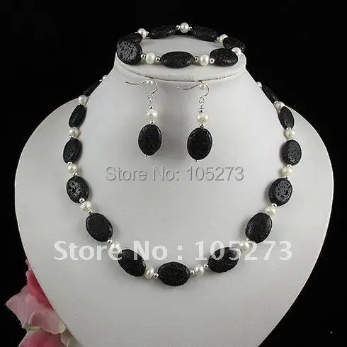 

Charming!Christmas pearl jewelry set AA 6-7mm white Genuine freshwater pearl& black lava & silvers beads free shipping A2451