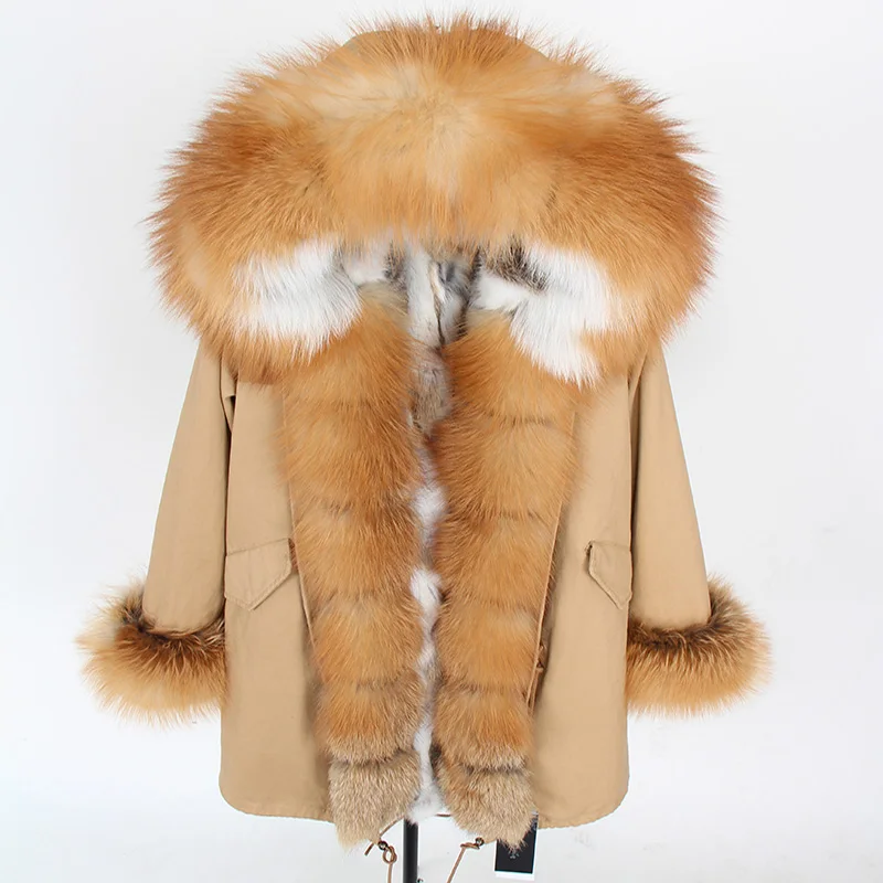 

Russia exclusively for Real Rabbit fur liner Luxurious Big Real Fox Fur Collar Cuff Hooded Coat Short Waterproof Parkas Outwear