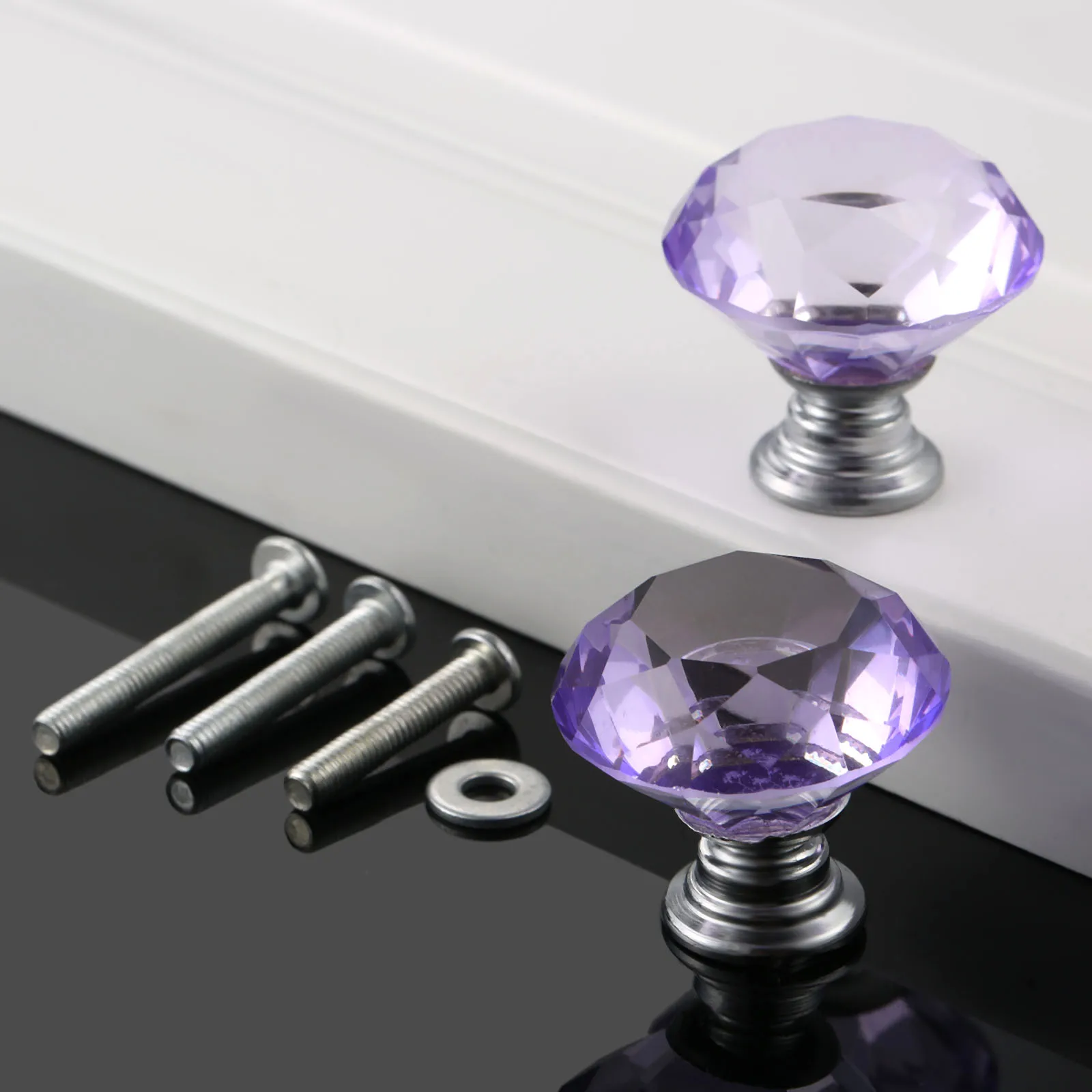 DRELD 2Pcs 30mm Diamond Crystal Drawer Pulls Glass Door Cabinet Wardrobe Pull Knobs Purple Furniture Handles + 6Pcs Screws