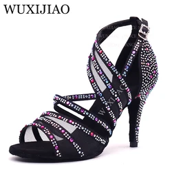 WUXIJIAO Latin Dance Shoes Women Big Small Rhinestone Salsa Party Wedding Ballroom Dancing Shoes Bronze Black  high heel 5-10cm